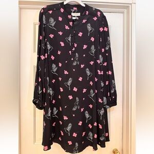 Hobbs London Long Sleeve Pink And Black Floral Dress W/ Birds Long Sleeve size14